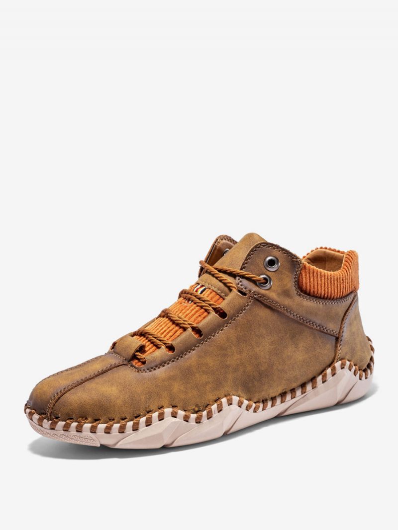 Bottes Chukka Pour Hommes Cuir Pu À Bout Rond - Café Marron