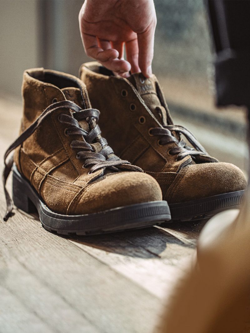 Bottes Combat À Bout Rond Cuir Suédé Marron Café Pour Moto Travail Matin Hommes - Café Brun