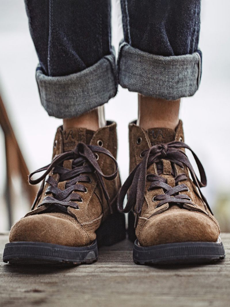 Bottes Combat À Bout Rond Cuir Suédé Marron Café Pour Moto Travail Matin Hommes - Café Brun