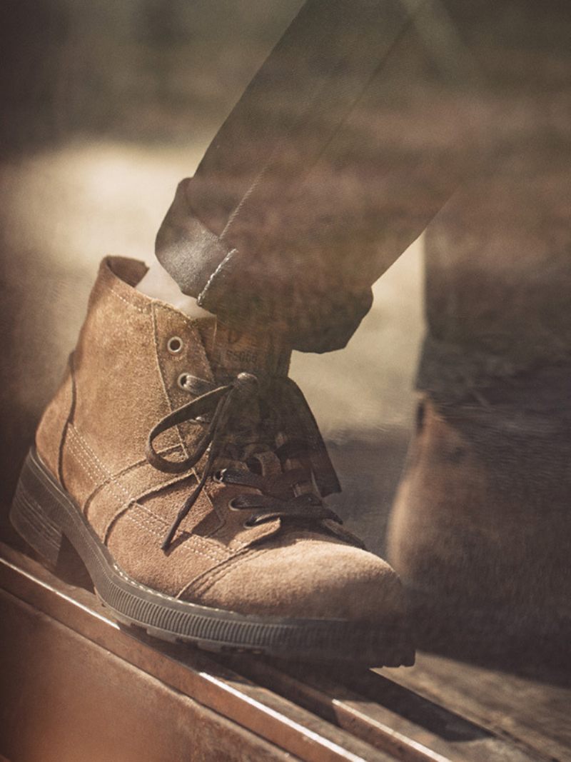 Bottes Combat À Bout Rond Cuir Suédé Marron Café Pour Moto Travail Matin Hommes - Café Brun