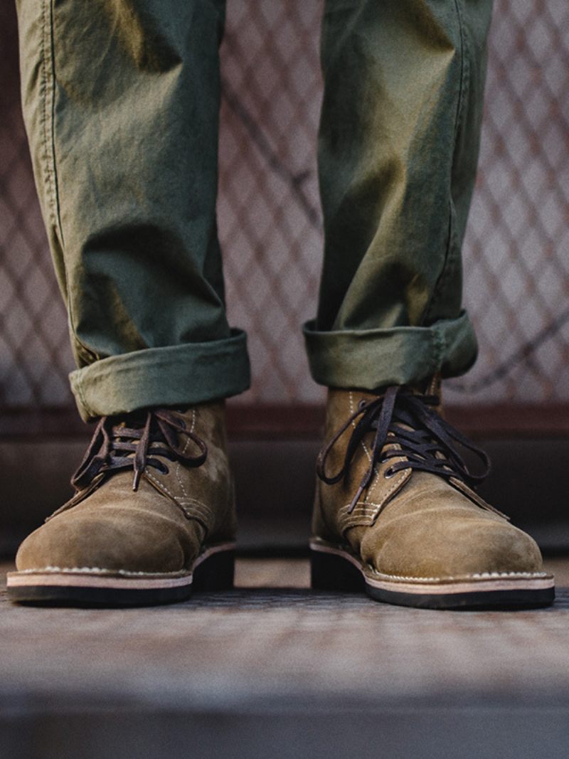 Bottes Combat À Bout Rond Cuir Vache Marron Café Matin Work Pour Hommes - Café Brun