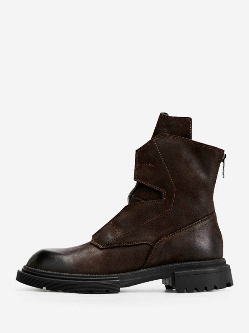 Bottes Combat À Bout Rond Cuir Vache Marron Café Pour Moto Martin Work Hommes