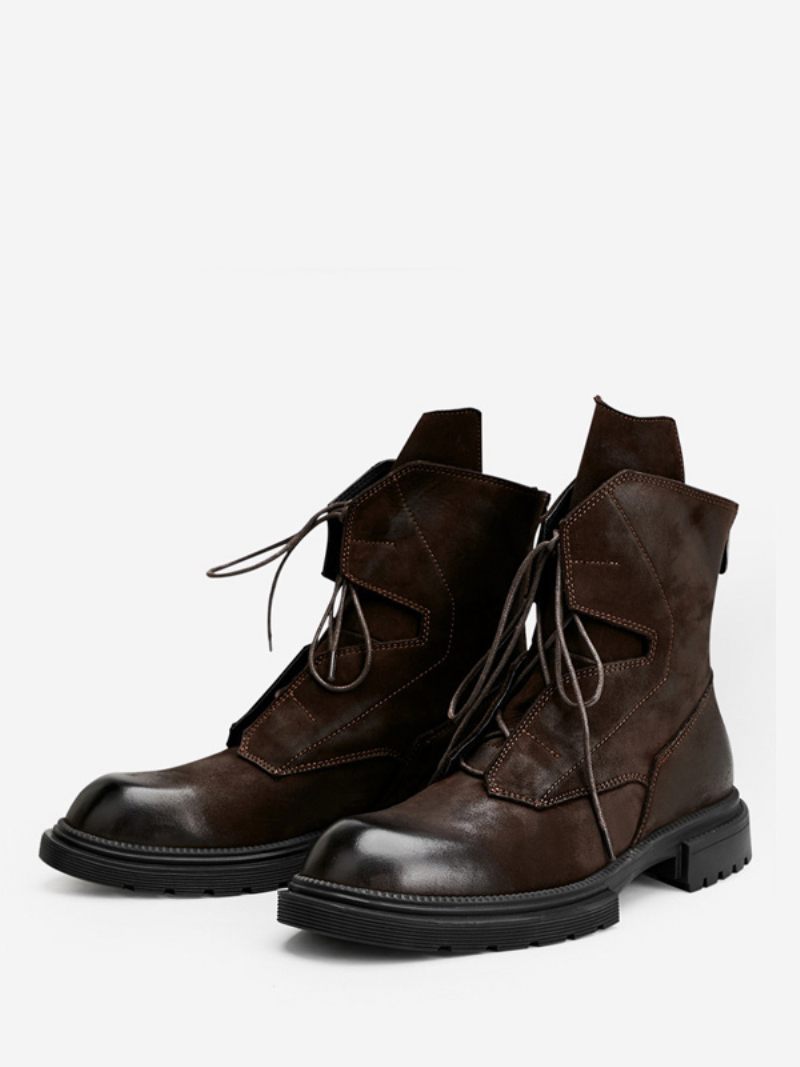 Bottes Combat À Bout Rond Cuir Vache Marron Café Pour Moto Martin Work Hommes - Marron Café