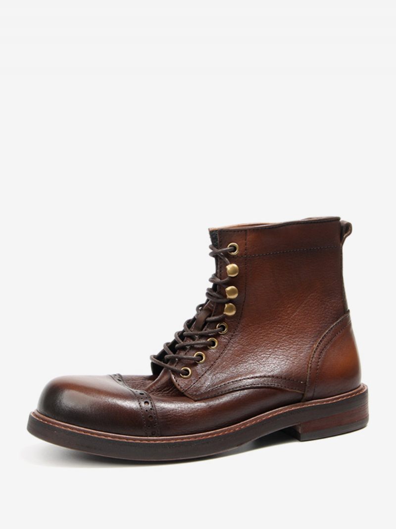 Bottes Combat Martin Work Cuir Vache À Bout Rond Pour Hommes Marron Foncé