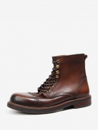 Bottes Combat Martin Work Cuir Vache À Bout Rond Pour Hommes Marron Foncé