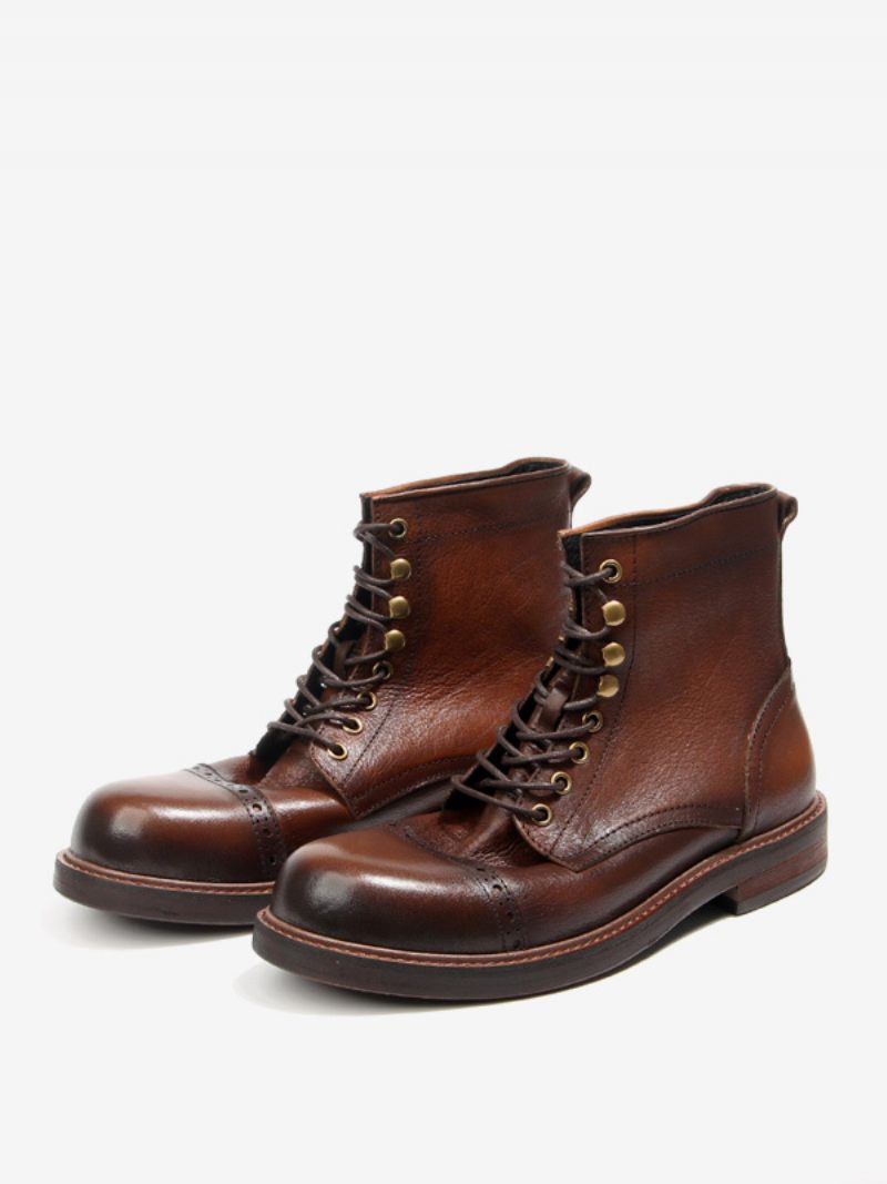 Bottes Combat Martin Work Cuir Vache À Bout Rond Pour Hommes Marron Foncé - Brun Foncé