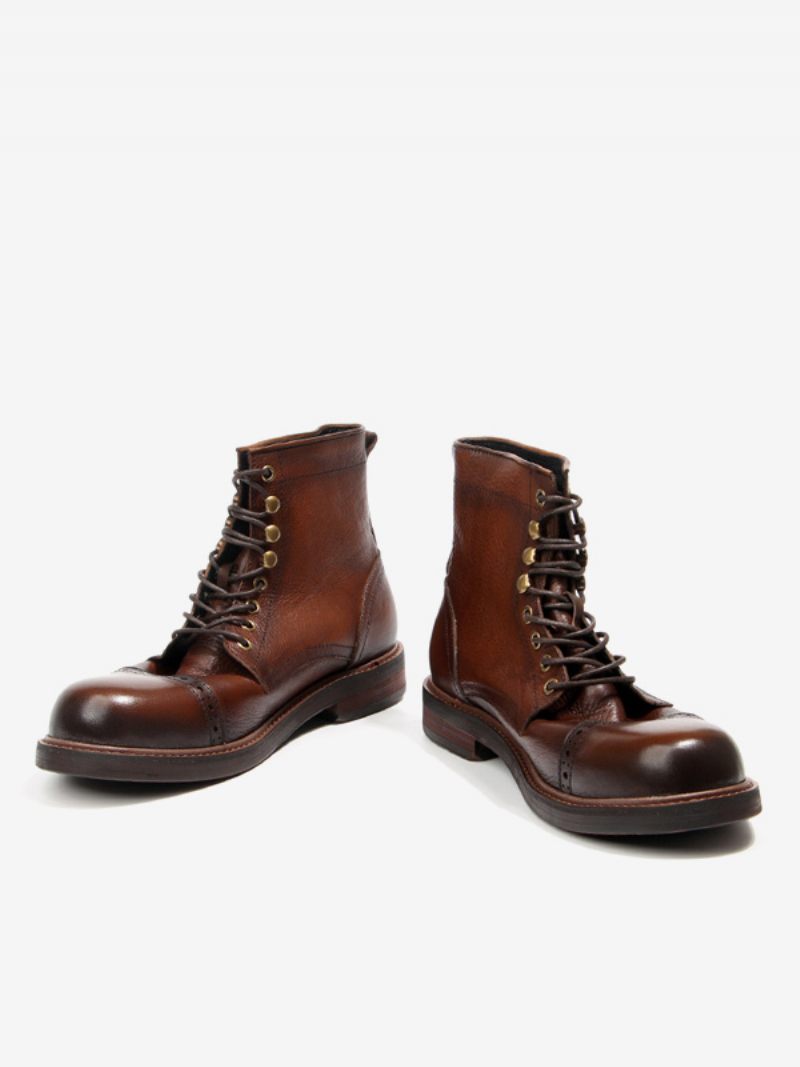 Bottes Combat Martin Work Cuir Vache À Bout Rond Pour Hommes Marron Foncé - Brun Foncé