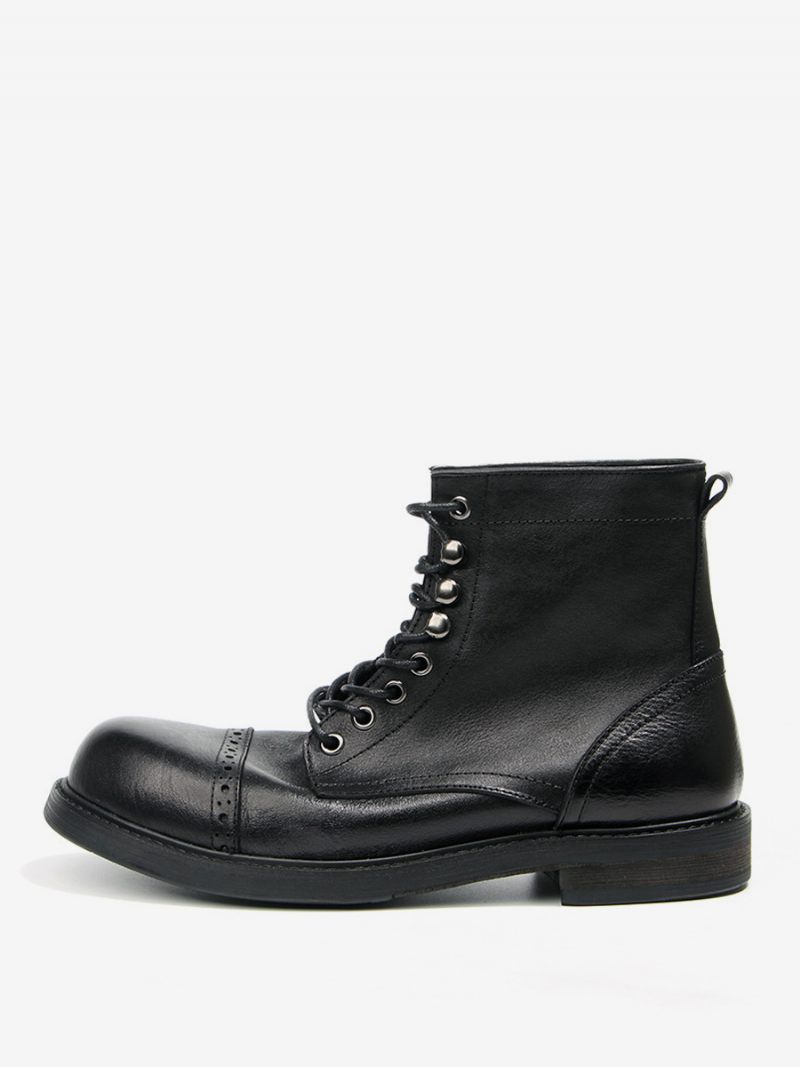 Bottes Combat Martin Work Cuir Vache À Bout Rond Pour Hommes Marron Foncé - Noir