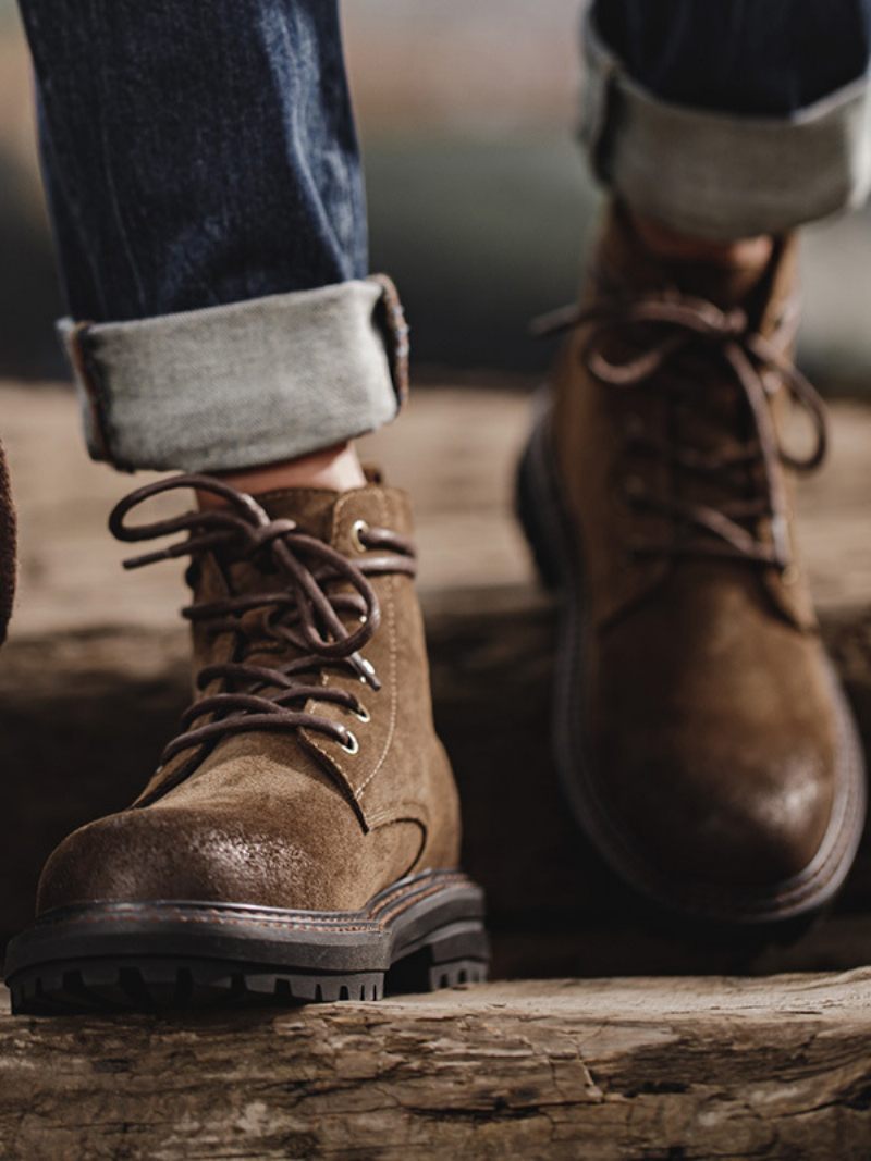 Bottes Courtes À Bout Rond Cuir Suédé Marron Café Martin Work Pour Hommes - Café Brun