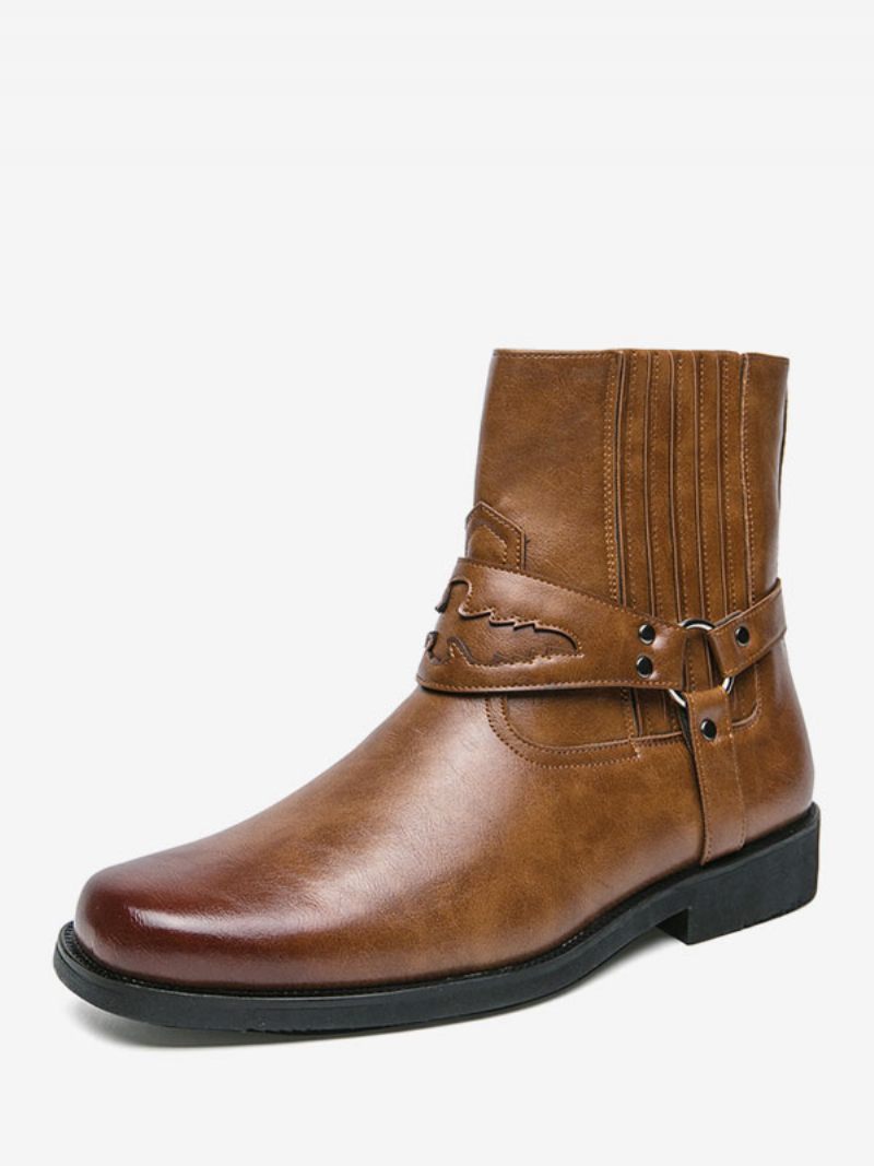 Bottes Cowboy Pour Hommes Cuir Pu Jaune À Bout Rond Brodé - Jaune