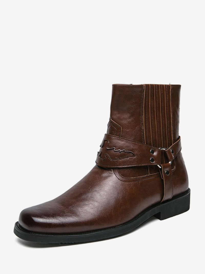 Bottes Cowboy Pour Hommes Cuir Pu Jaune À Bout Rond Brodé - Marron Café