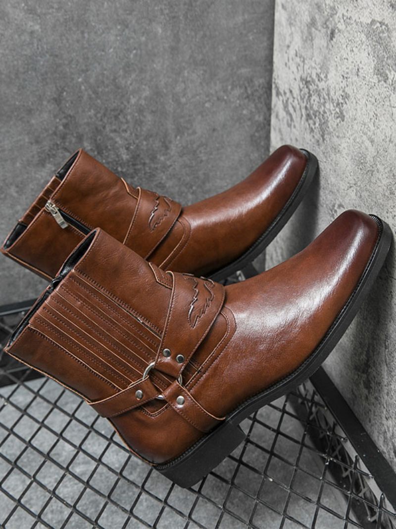 Bottes Cowboy Pour Hommes Cuir Pu Jaune À Bout Rond Brodé - Marron Café