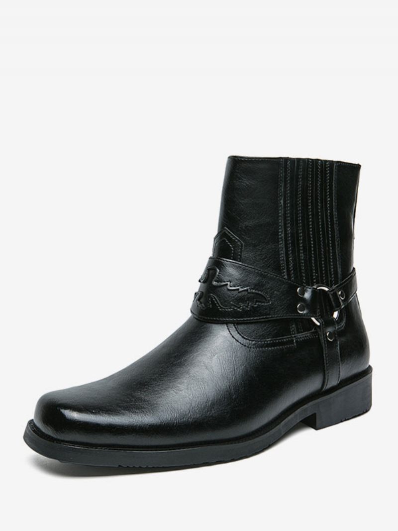 Bottes Cowboy Pour Hommes Cuir Pu Jaune À Bout Rond Brodé - Noir