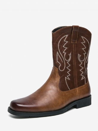 Bottes Cowboy Pour Hommes Cuir Pu Marron Café Bout Rond Brodé