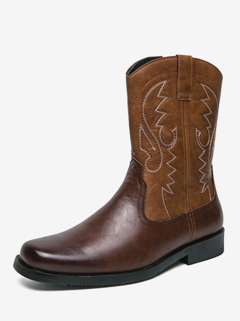 Bottes Cowboy Pour Hommes Cuir Pu Marron Café Bout Rond Brodé - Marron Foncé