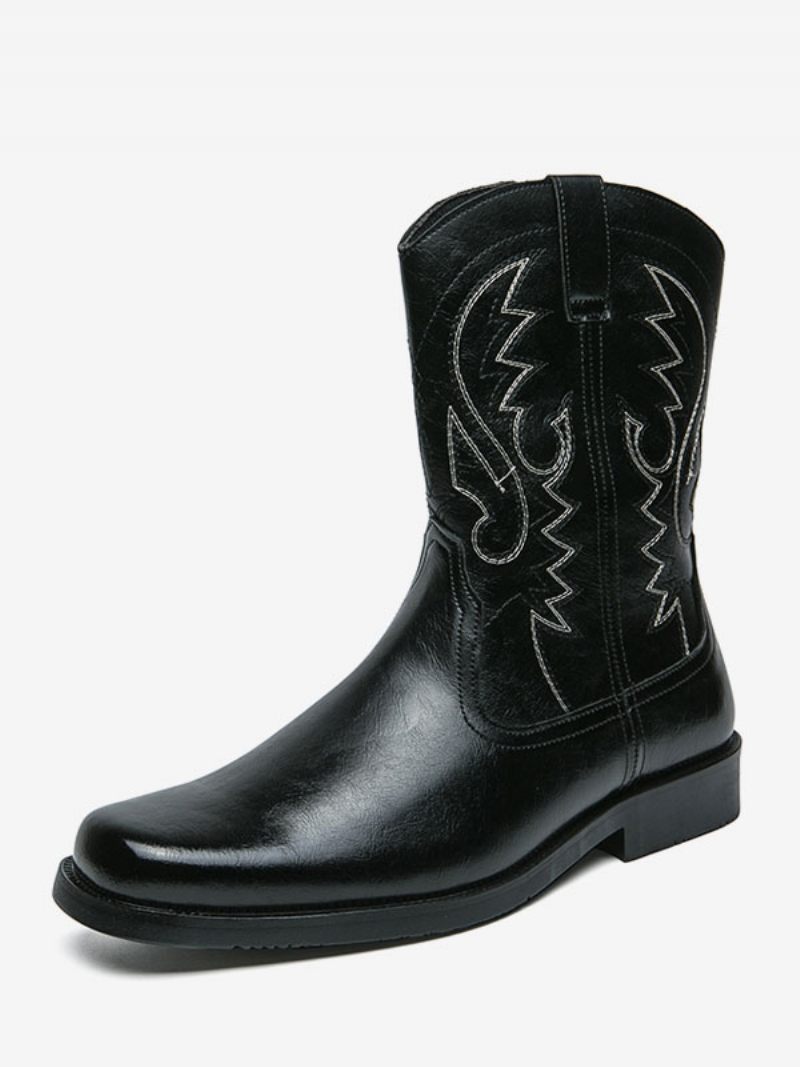 Bottes Cowboy Pour Hommes Cuir Pu Marron Café Bout Rond Brodé - Noir