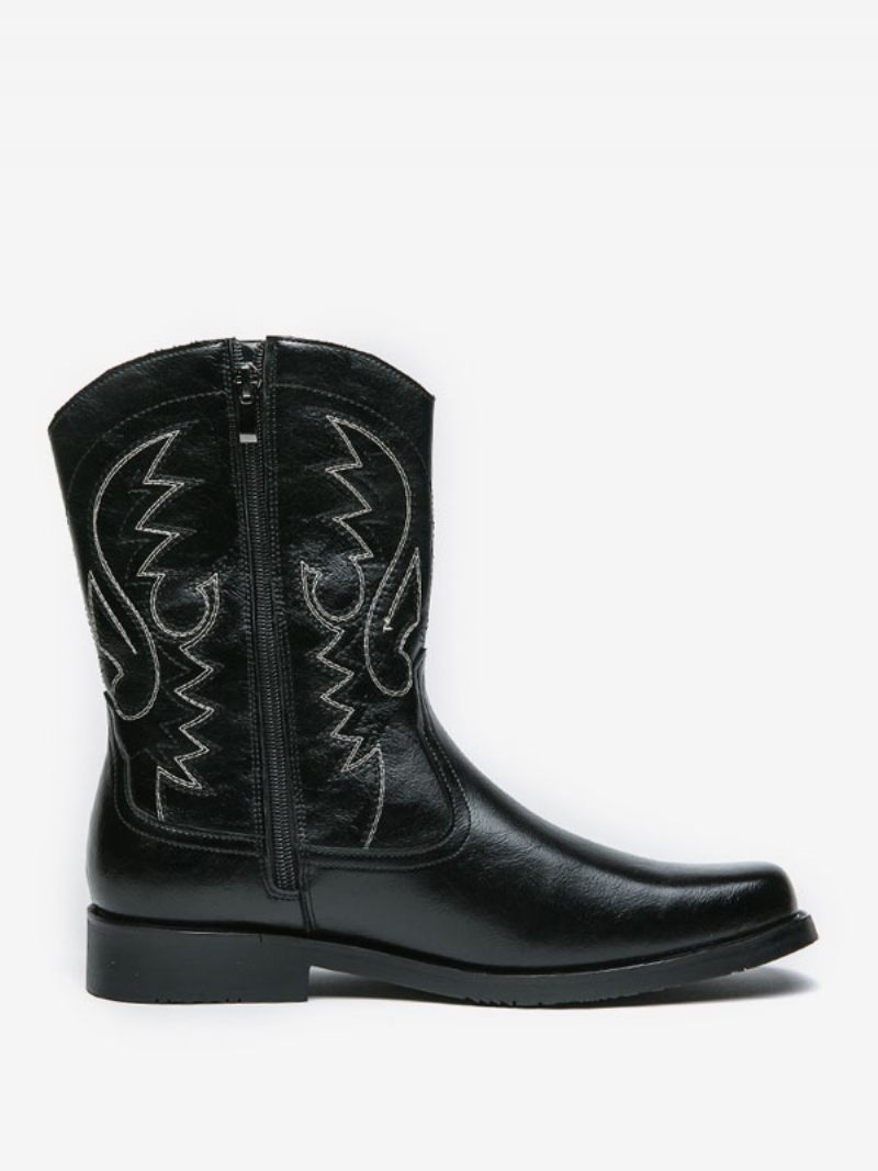 Bottes Cowboy Pour Hommes Cuir Pu Marron Café Bout Rond Brodé - Noir