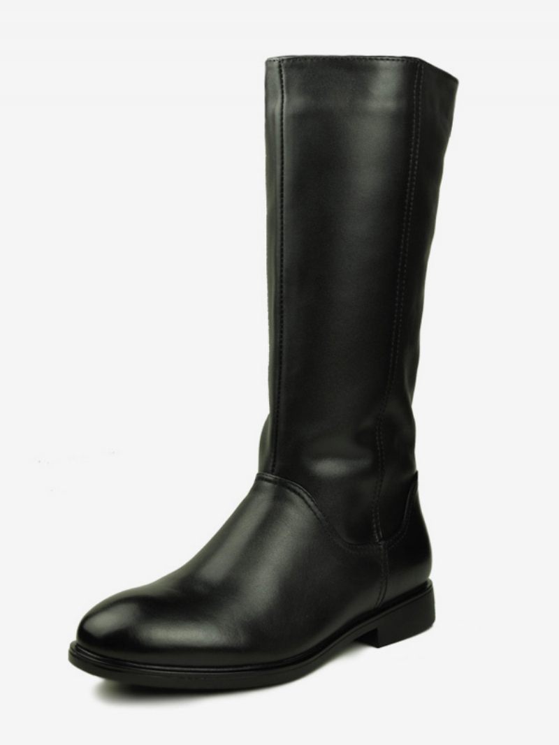 Bottes Hautes Au Genou Pour Hommes À Enfiler Cuir Vache Noir Décontractées Bout Rond