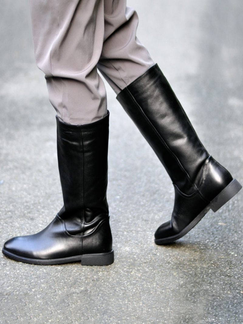 Bottes Hautes Au Genou Pour Hommes À Enfiler Cuir Vache Noir Décontractées Bout Rond - Noir