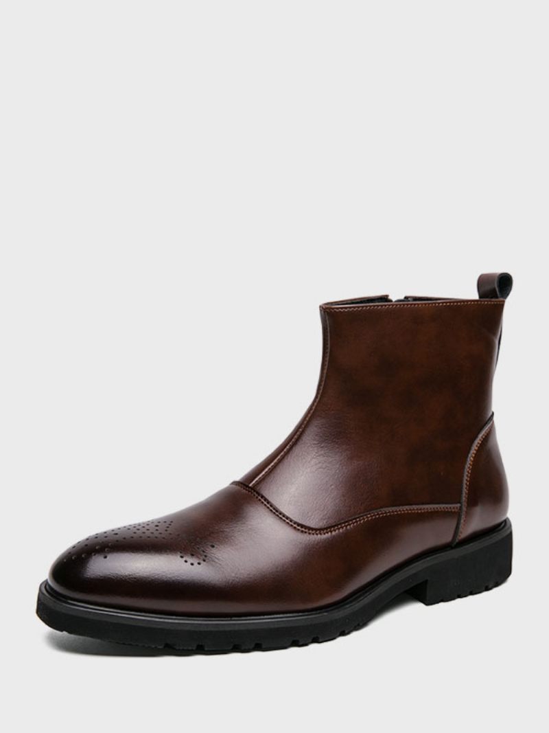 Bottes Pour Hommes Bottines Chelsea Cuir Pu Bout Rond - Marron Café