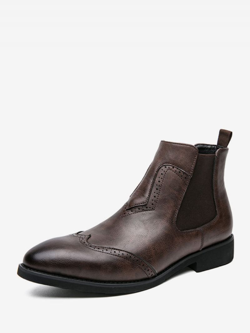 Bottes Pour Hommes Bottines Chelsea Cuir Pu Bout Rond - Marron Café