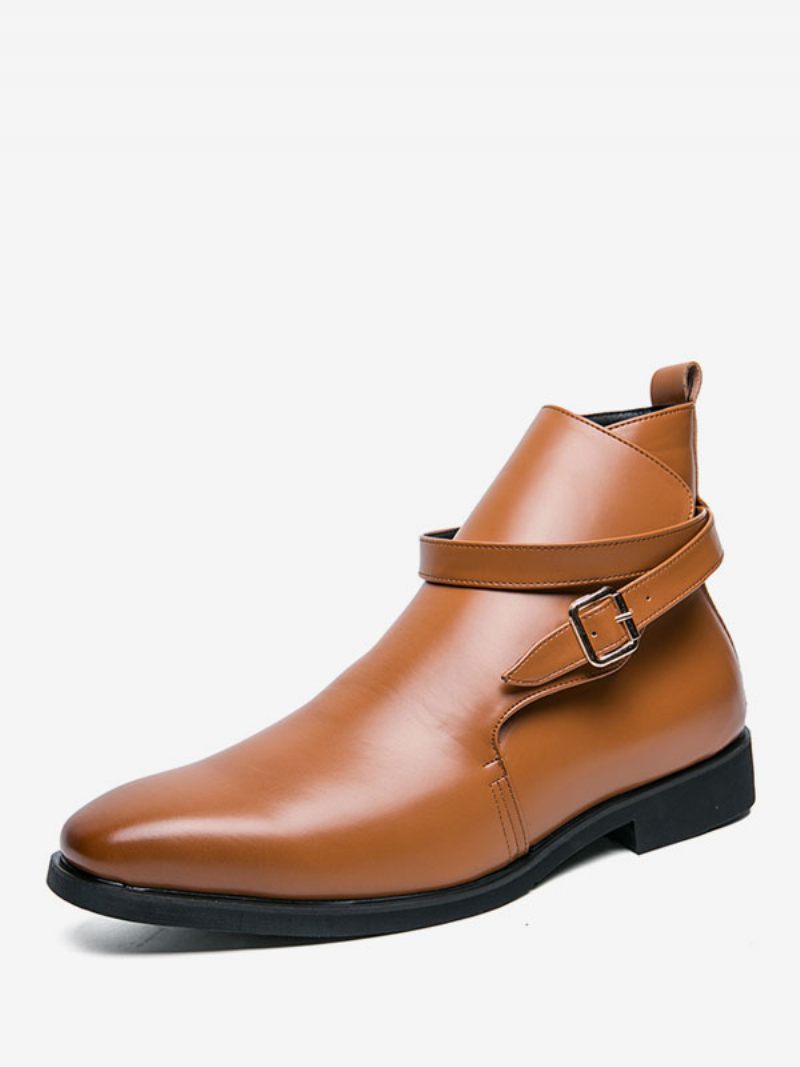 Bottes Pour Hommes Bottines Chelsea Cuir Pu Bout Rond - Café Marron