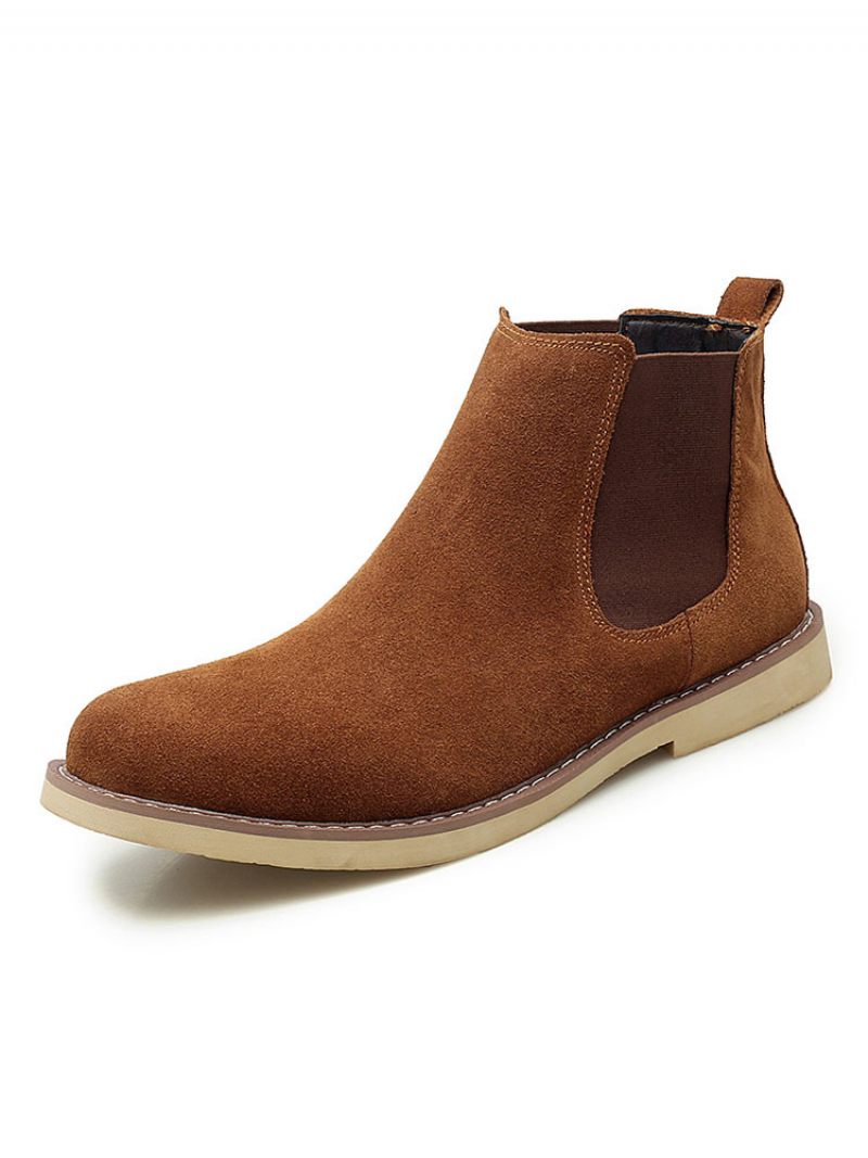 Bottes Pour Hommes Bottines Chelsea Cuir Suédé Bleu Bout Rond - Marron Café