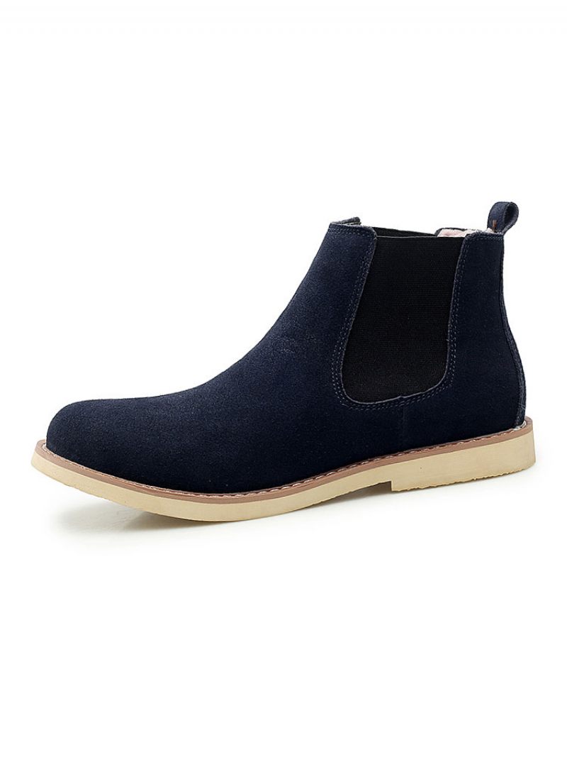 Bottes Pour Hommes Bottines Chelsea Cuir Suédé Bleu Bout Rond - Bleu