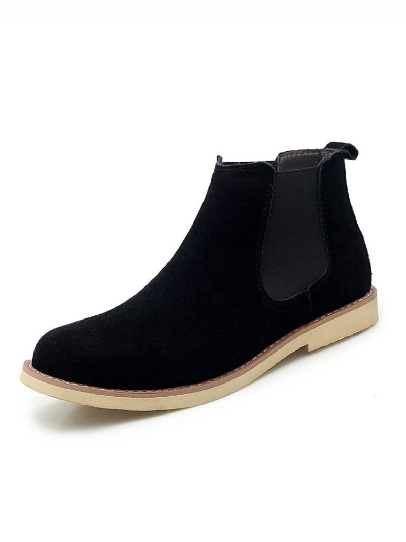 Bottes Pour Hommes Bottines Chelsea Cuir Suédé Bleu Bout Rond - Noir