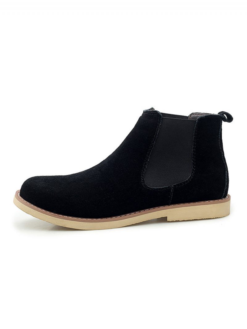 Bottes Pour Hommes Bottines Chelsea Cuir Suédé Bleu Bout Rond - Noir