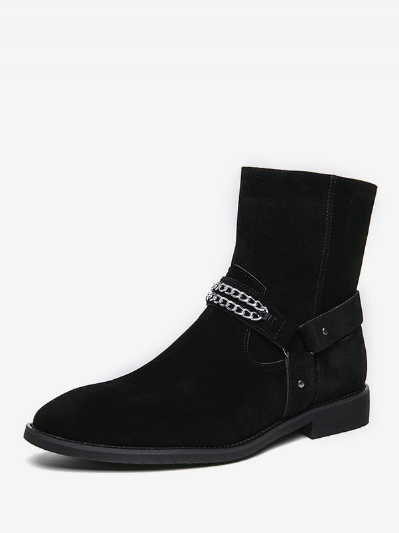 Bottes Pour Hommes Bottines Chelsea Cuir Suédé Bout Rond - Noir