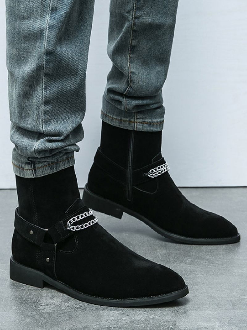 Bottes Pour Hommes Bottines Chelsea Cuir Suédé Bout Rond - Noir