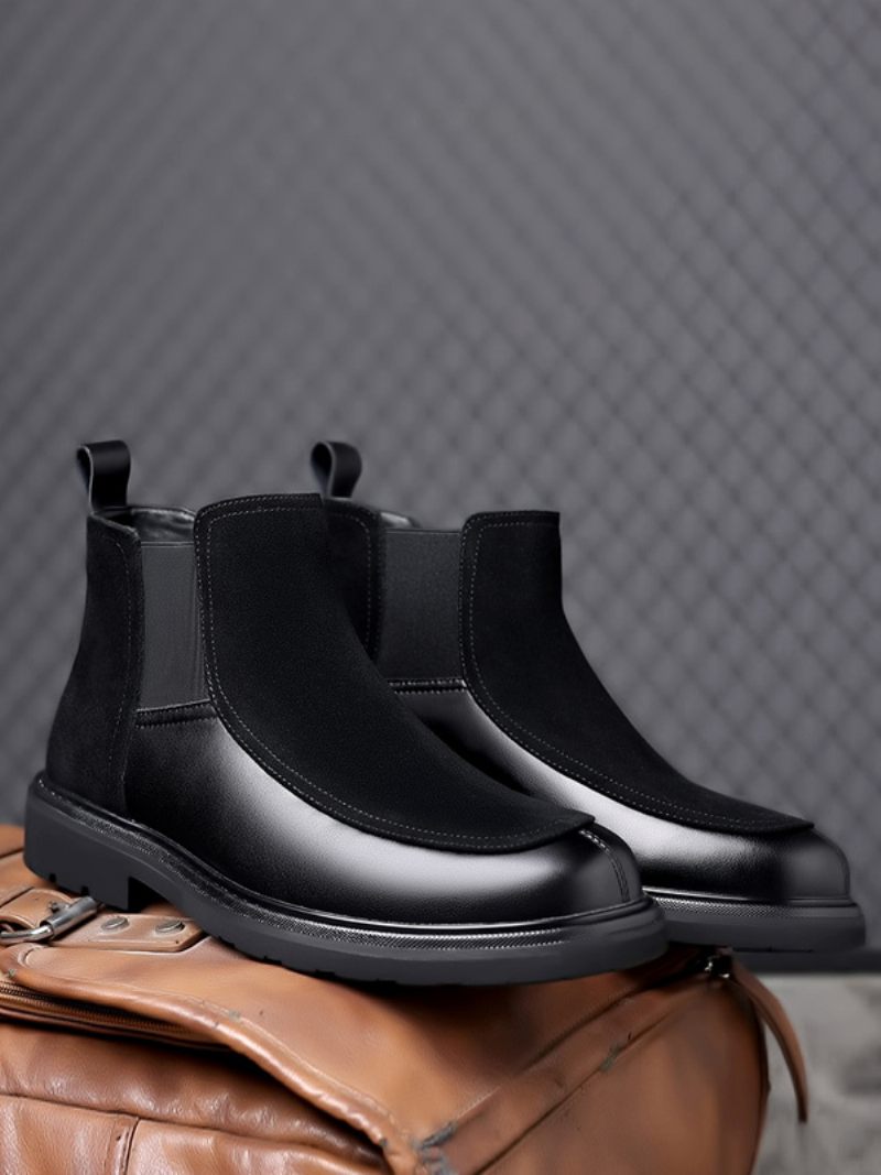 Bottes Pour Hommes Bottines Chelsea Cuir Suédé Noir Bout Fermé - Noir