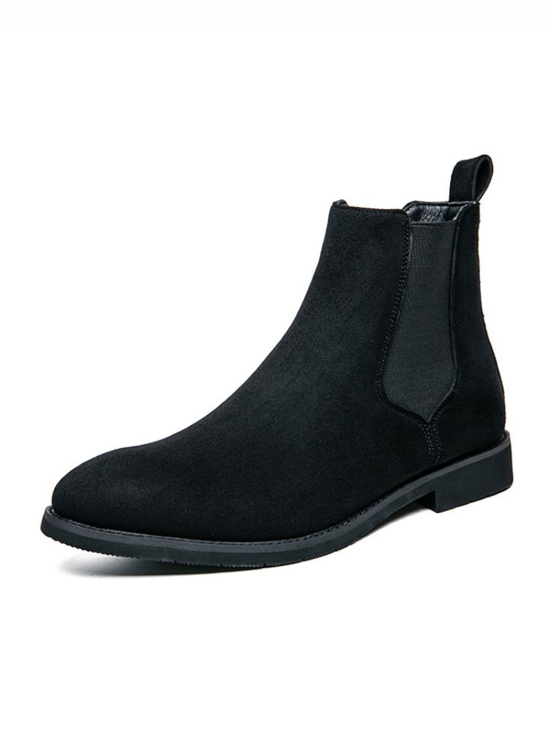 Bottes Pour Hommes Bottines Chelsea Cuir Suédé Noir Bout Rond - Noir