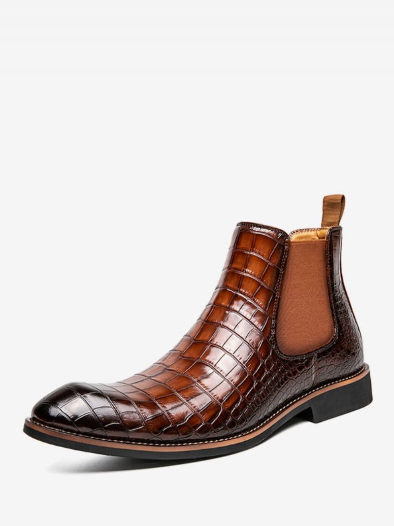 Bottes Pour Hommes Chelsea Café Marron Pu Cuir Bout Pointu