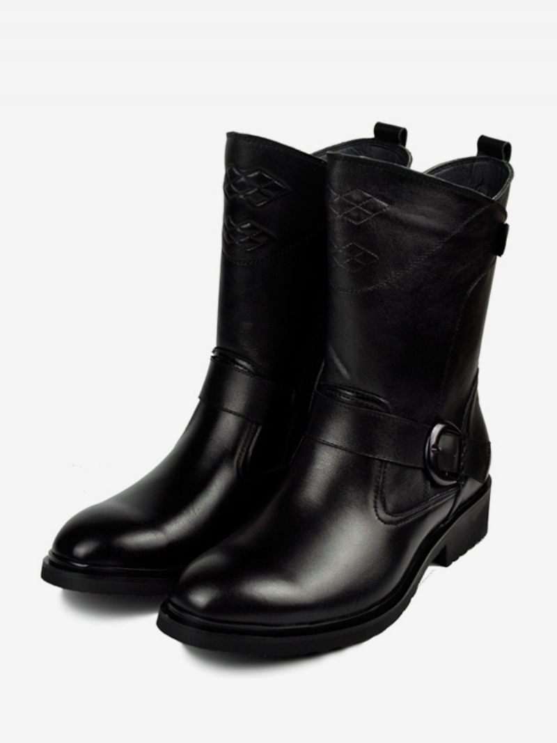 Bottes Pour Hommes Chelsea Courtes À Bout Rond Cuir Vache Noir - Noir