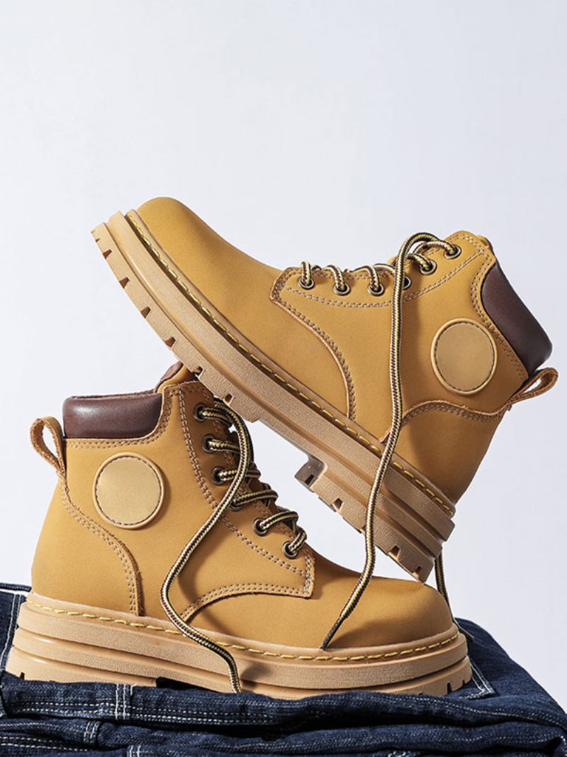 Bottes Pour Hommes Combat Bottines À Lacets Cuir Pu Bout Rond - Jaune