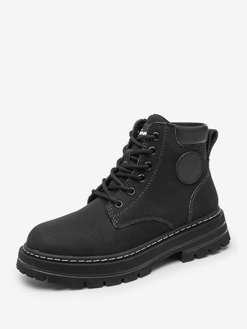 Bottes Pour Hommes Combat Bottines À Lacets Cuir Pu Bout Rond - Noir