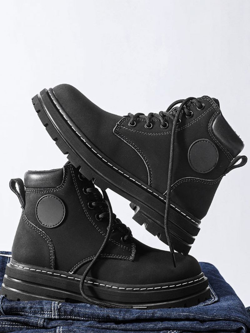 Bottes Pour Hommes Combat Bottines À Lacets Cuir Pu Bout Rond - Noir