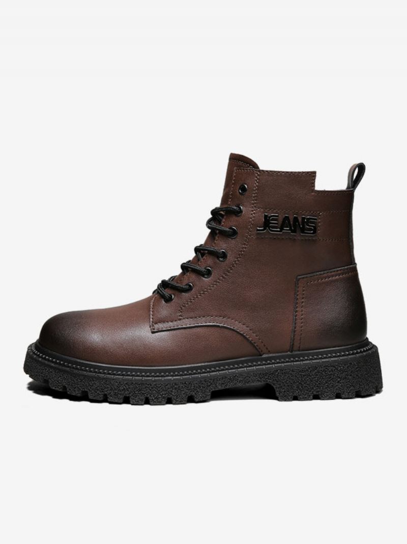 Bottes Pour Hommes Combat Bottines À Lacets Cuir Pu Bout Rond - Marron Café