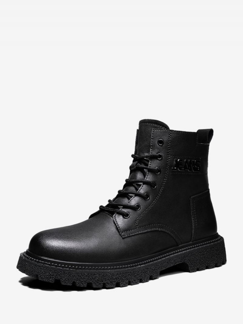 Bottes Pour Hommes Combat Bottines À Lacets Cuir Pu Bout Rond - Noir