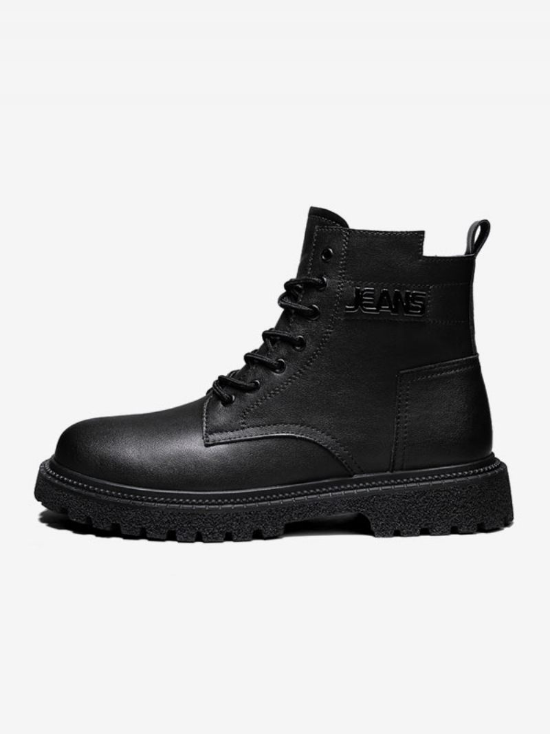 Bottes Pour Hommes Combat Bottines À Lacets Cuir Pu Bout Rond - Noir