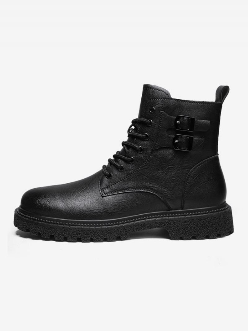 Bottes Pour Hommes Combat Bottines À Lacets Cuir Pu Bout Rond - Noir