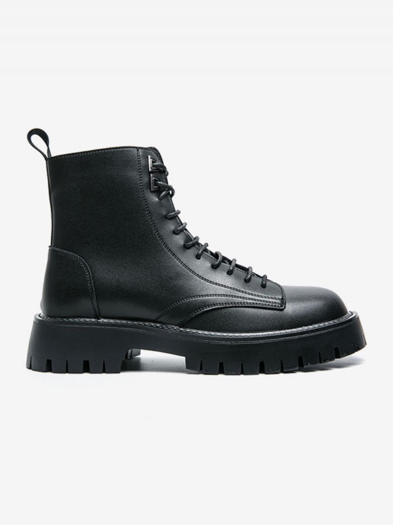 Bottes Pour Hommes Combat Bottines À Lacets Cuir Pu Bout Rond - Noir