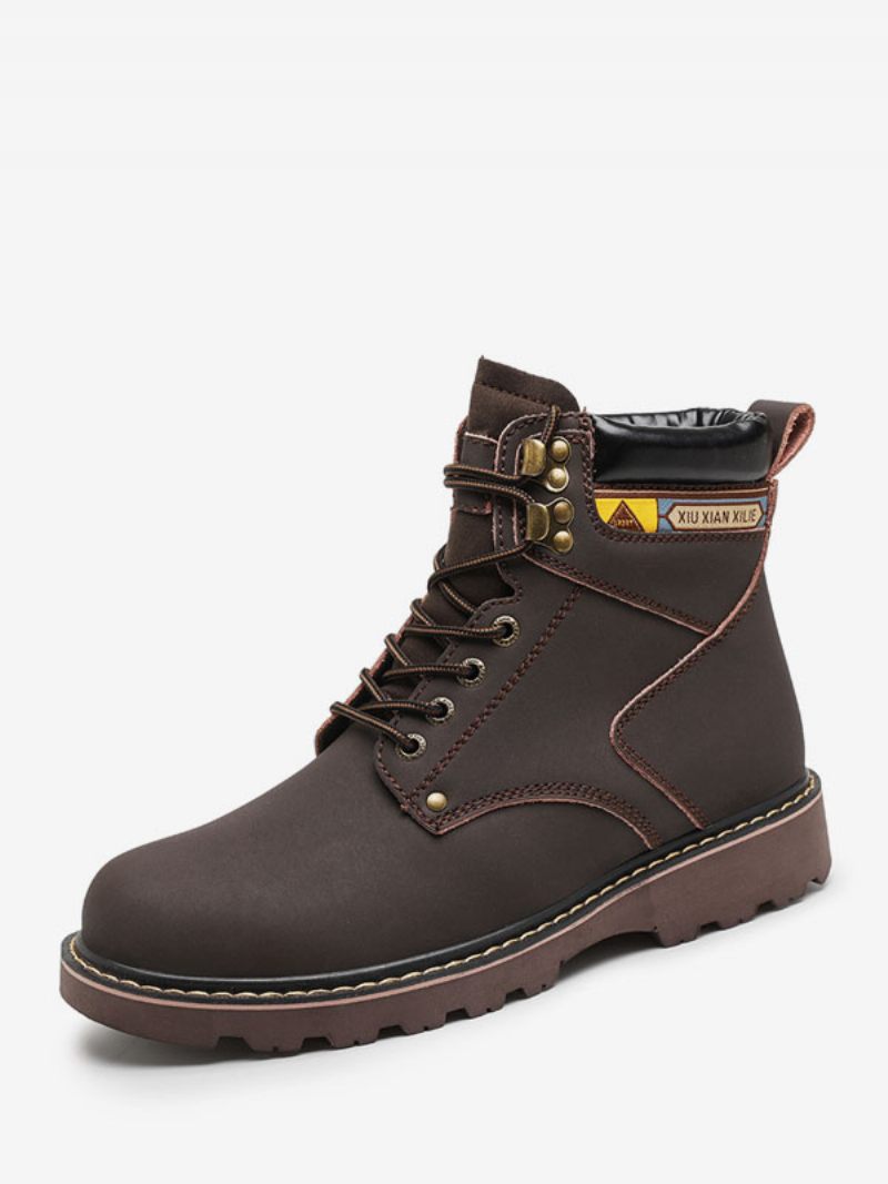 Bottes Pour Hommes Combat Bottines À Lacets Cuir Pu Bout Rond - Marron Foncé