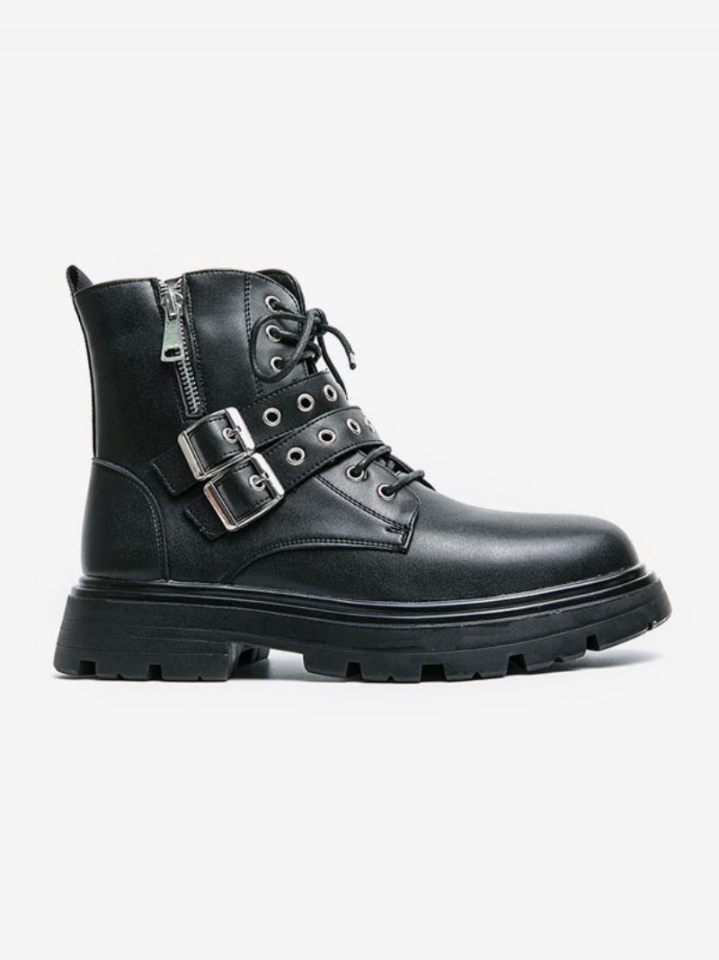 Bottes Pour Hommes Combat Cuir Pu Avec Sangle Moine Et Bout Rond - Noir