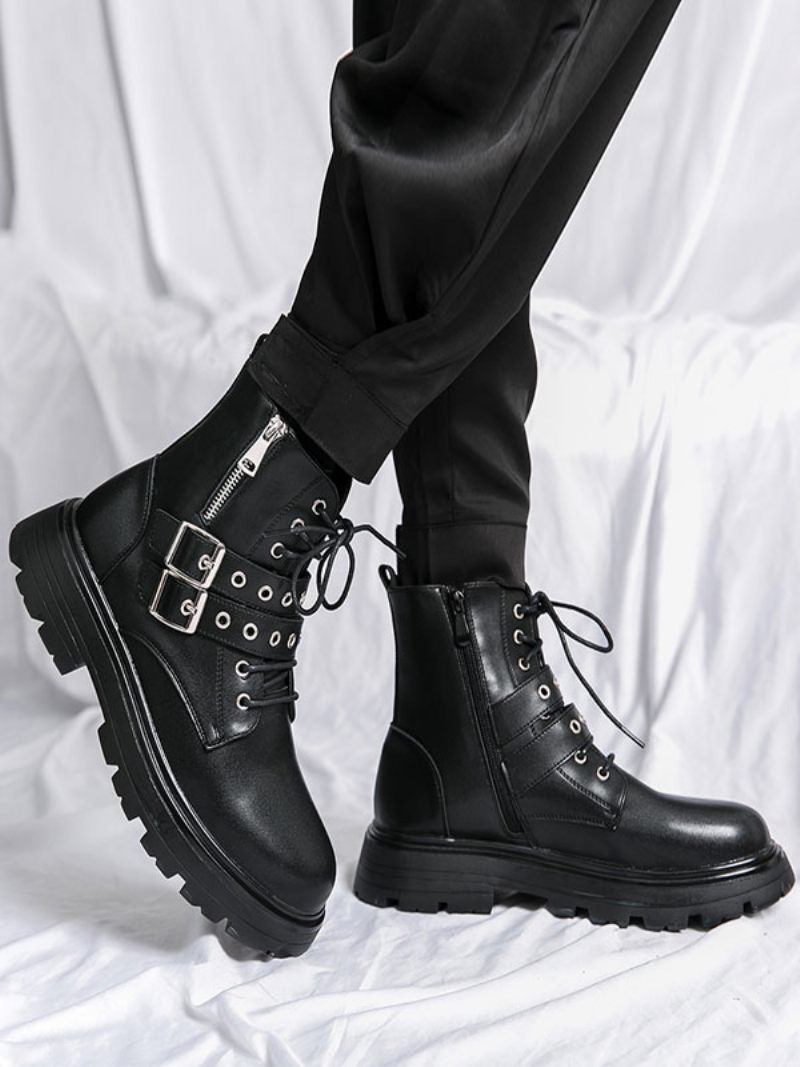 Bottes Pour Hommes Combat Cuir Pu Avec Sangle Moine Et Bout Rond - Noir