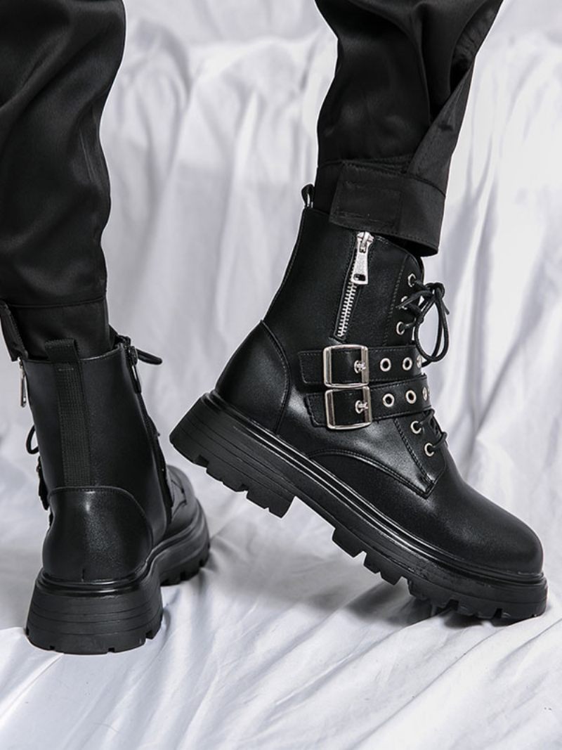 Bottes Pour Hommes Combat Cuir Pu Avec Sangle Moine Et Bout Rond - Noir