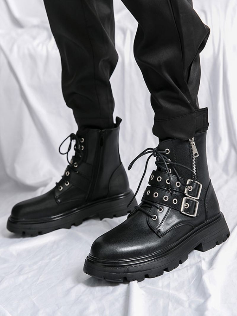 Bottes Pour Hommes Combat Cuir Pu Avec Sangle Moine Et Bout Rond - Noir