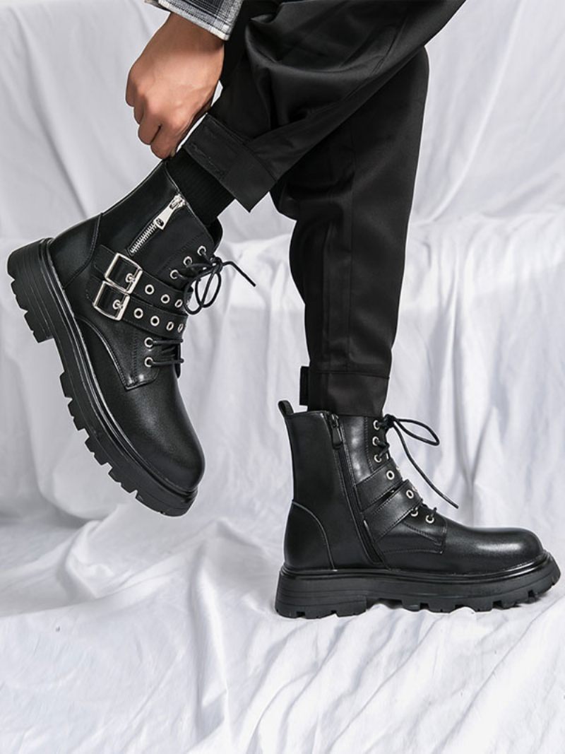 Bottes Pour Hommes Combat Cuir Pu Avec Sangle Moine Et Bout Rond - Noir